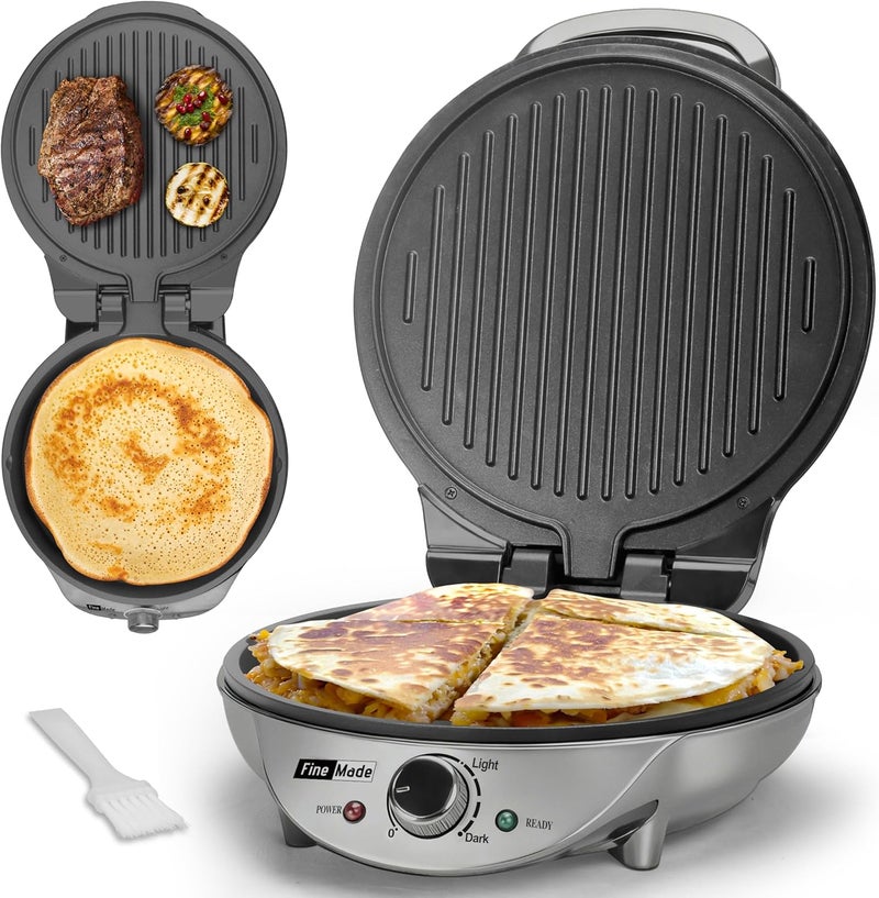FineMade Electric Griddle Nonstick, Multi-Funtional Quesadilla Maker 10 Inch, Electric Grill Indoor, Pancake Griddle & Pan, Smokeless Indoor Grill, Non-stick Surface, Silver - Image 1